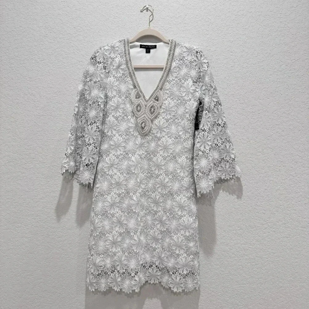 Boston Proper Embellished Metallic Floral Lace Tunic Dress White/Silver Size XS - Picture 5 of 16